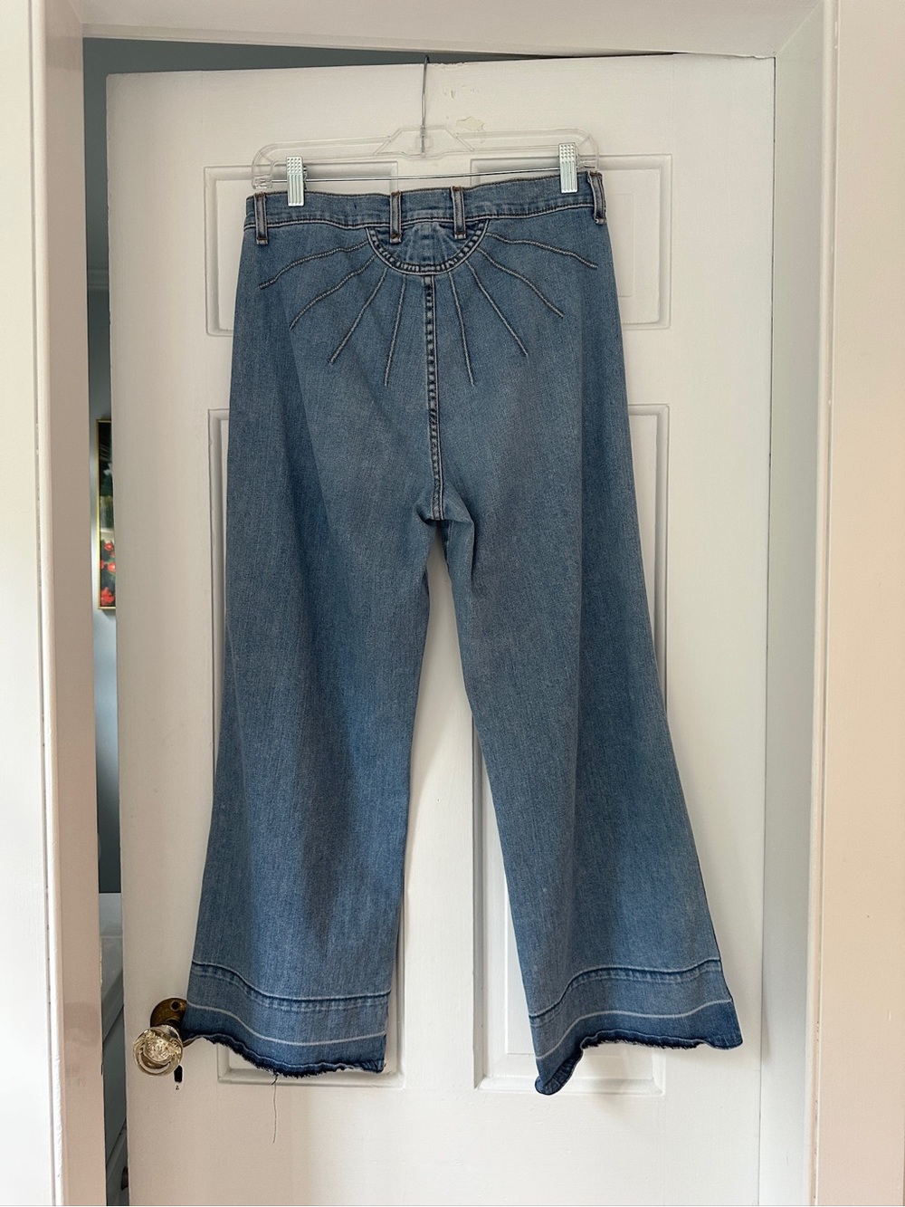 ASKK NY Sunburst Wide Leg Raw Hem Light Wash Jeans in Size 30